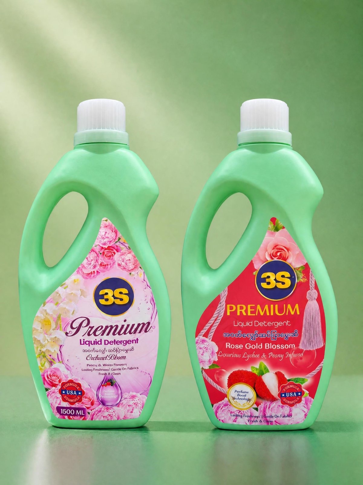 3S Orchard Bloom and Rose Gold Blossom premium liquid detergent bottles