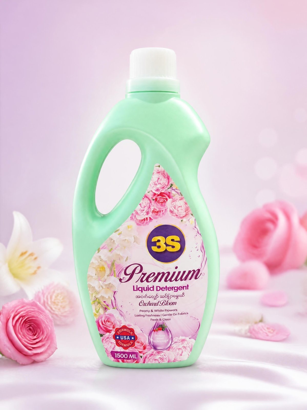 Orchard Bloom detergent surrounded by pink and white flowers